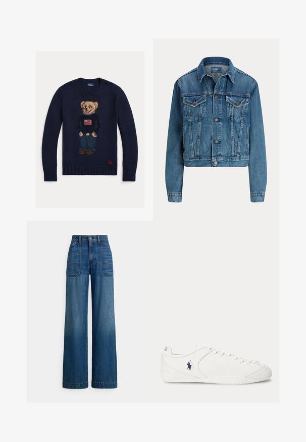 Blauwe spijkerjas met knoopsluiting aan de voorkant, twee borstflapzakken, zijzakken en een klassieke kraag, met label Polo by Ralph Lauren.; Marineblauwe gebreide trui met teddybeer die een spijkerbroek en een zwarte trui met Amerikaanse vlag draagt, rode "RL" initialen op de onderzoom.; High-waisted wijde broekspijpen spijkerbroek in medium blauw denim. Voorzien van opgestikte zakken aan de voorkant en opvallende stiksels. Soepele, zachte textuur.; Witte lage sneaker met veterbinding aan de voorkant en donkerblauw polo speler logo aan de zijkant, bekeken vanaf de binnenkant.