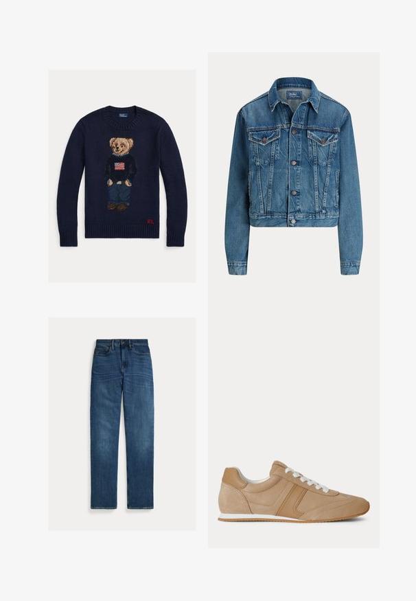 Blauwe spijkerjas met knoopsluiting aan de voorkant, twee borstflapzakken, zijzakken en een klassieke kraag, met label Polo by Ralph Lauren.; Marineblauwe gebreide trui met teddybeer die een spijkerbroek en een zwarte trui met Amerikaanse vlag draagt, rode "RL" initialen op de onderzoom.; Blauwe denim jeans met rechte pijpen, vijf zakken, knoopsluiting en subtiele vervaging op dijen en knieën, plat op een witte achtergrond gelegd.; Lichtbruine suède en leren lage sneaker met witte veters en een witte rubberen zool, zijaanzicht op een witte achtergrond.