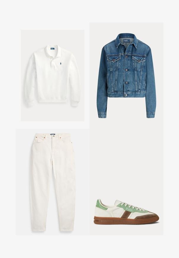 Blå denimjakke med knapper foran, to brystlommer med klap, sidelommer og klassisk krave, mærket Polo af Ralph Lauren.; Hvid langærmet polo med to-knaps lukning og lille blåt broderet logo på venstre bryst.; Hvide høj-taljede jeans med lige ben, foran knap og lynlås, fem-lommer design og Polo mærkeetiket på linningen.; Lavprofil Polo-sneaker med hvidt læder, grønne ruskindsdetaljer, brun ruskindsstribe og gummisål.