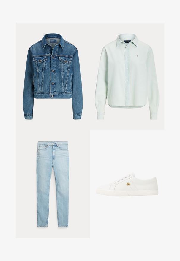 Blauwe spijkerjas met knoopsluiting aan de voorkant, twee borstflapzakken, zijzakken en een klassieke kraag, met label Polo by Ralph Lauren.; Lichtblauw overhemd met lange mouwen, knopen en kraag, met klein geborduurd Polo Ralph Lauren-logo op de borst en zichtbare witte knopen aan de voorkant.; Lichtblauwe hooggetailleerde skinny jeans met vijf zakken en een knoopsluiting op een effen witte achtergrond.; Lauren Ralph Lauren JANSON II CANVAS SNEAKER - Sneakers laag - optic white