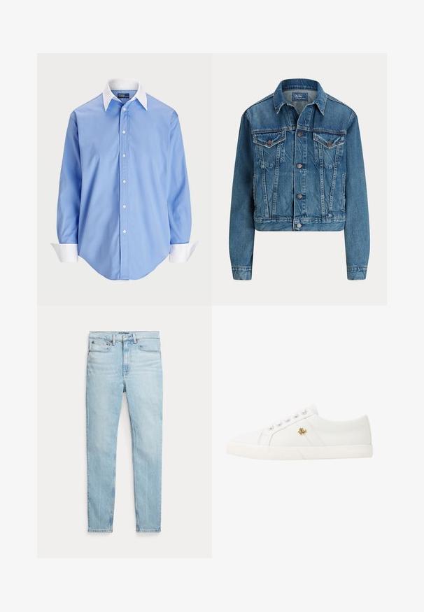 Blå denimjakke med knapper foran, to brystlommer med klap, sidelommer og klassisk krave, mærket Polo af Ralph Lauren.; Lys blå skjorte med lange ærmer og en hvid kontrastkrave. Har en glat overflade og fem knapper foran.; Lyseblå høj talje skinny jeans med fem lommer og en knaplukning på en ensfarvet hvid baggrund.; Lauren Ralph Lauren JANSON II CANVAS SNEAKER - Sneakers - optic white