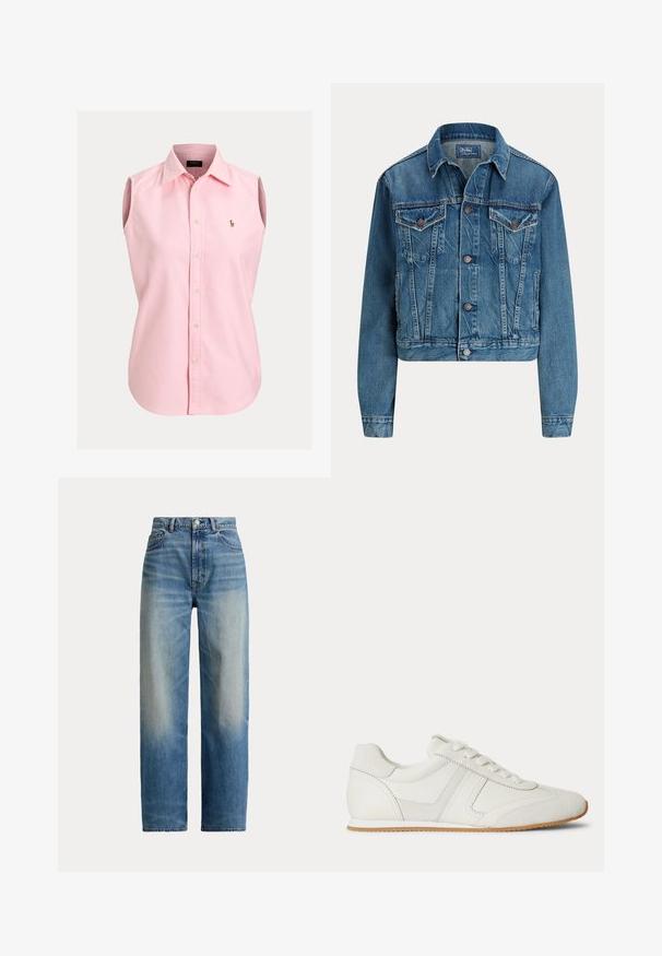 Sinine teksajope ees nuppudega, kaks rinnataskut klappidega, küljetaskud ja klassikaline krae, sildiga Polo by Ralph Lauren.; Hele roosa, varrukateta nööbitav puuvillane särk, millel on terav krae ja väike vasakul rinnal tikitud logo.; Kõrge vöökohaga sirgete sääreosadega sinised teksapüksid, tuhmunud esikülje ja klassikalise viie tasku disainiga, kinnitub nööbi ja tõmblukuga.; Valge madala säärega toss esikäepäradega, seemisnahast ja nahast paneelidega ning helepruuni kummipõhjaga, valgel taustal.