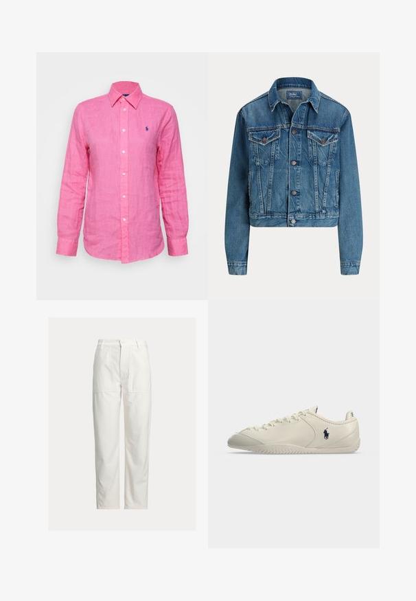Veste en jean bleue avec fermeture à boutons sur le devant, deux poches poitrine à rabat, poches latérales et col classique, étiquetée Polo by Ralph Lauren.; Chemise à manches longues et col en lin rose vif, avec un petit logo bleu sur le côté gauche de la poitrine et des boutons blancs sur le devant.; Pantalon blanc droit avec grandes poches plaquées devant, passants de ceinture et fermeture par bouton à la taille.; Baskets en cuir crème à profil bas, avec fermeture à lacets à l'avant, semelle texturée et logo noir du joueur de Polo sur le côté.
