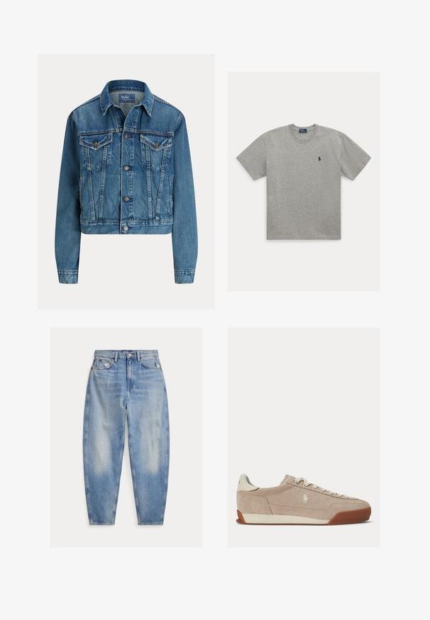 Blauwe spijkerjas met knoopsluiting aan de voorkant, twee borstflapzakken, zijzakken en een klassieke kraag, met label Polo by Ralph Lauren.; Lichtgrijs T-shirt met korte mouwen en ronde hals met klein donkerblauw geborduurd polo speler logo op de linkerborst.; Lichtblauwe high-waisted spijkerbroek met lichte vervaging en slijtage bij de voorzakken, vijfzakkenstijl en taps toelopende pijpen.; Beige suède lage sneaker met witte veters, wit logo aan de zijkant en een bruine rubberen zool.