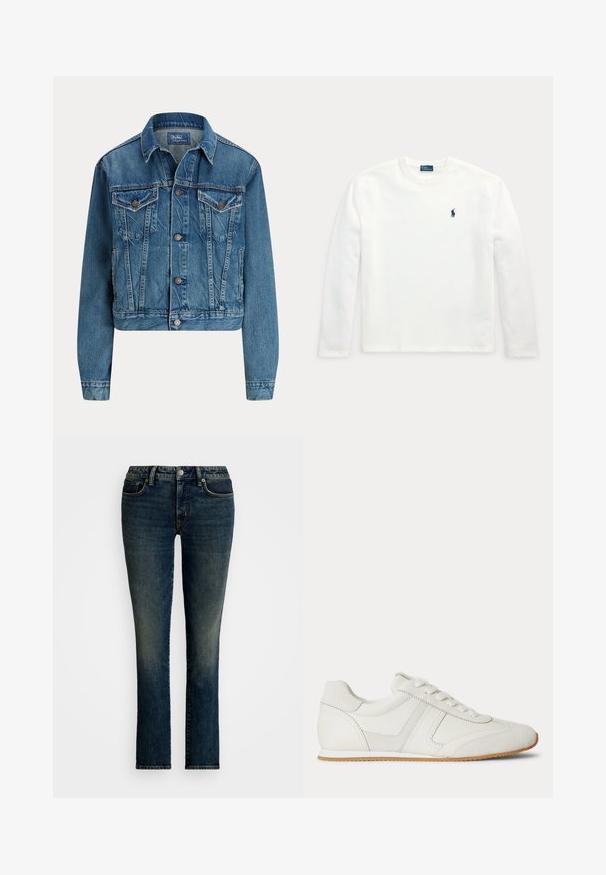 Blaue Jeansjacke mit Knopfverschluss vorne, zwei Brustklappentaschen, Seitentaschen und klassischem Kragen, mit dem Label Polo von Ralph Lauren.; Weißes Langarmshirt mit Rundhalsausschnitt und kleinem dunkelblauen bestickten Pferd-und-Reiter-Logo auf der linken Brust.; Dunkelblaue Denim-Jeans mit einem geraden Schnitt, fünf Taschen und leichten Ausbleichungen auf der Vorderseite. Silberner Knopf und Reißverschluss.; Weißer Sneaker mit niedrigem Schaft, Schnürung vorne, Velours- und Lederpaneelen sowie einer hellbraunen Gummisohle auf weißem Hintergrund.