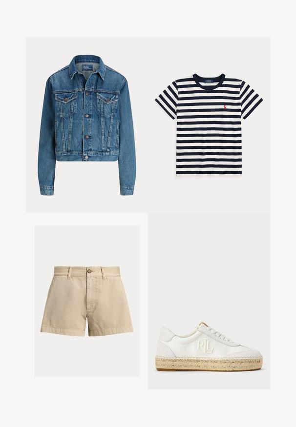 Blå denimjakke med knapper foran, to brystlommer med klap, sidelommer og klassisk krave, mærket Polo af Ralph Lauren.; Marineblå og hvide horisontale stribede T-shirt med korte ærmer, rund halsudskæring og en lille rød Polo Ralph Lauren-logo på brystet.; Beige bomuldsshorts med lige snit, knaplukning og to forlommer. Glat tekstur og detaljer med opbukket kant.; Hvide lærreds sneakers med en struktureret espadrille sål, broderet RL-logo på siden og traditionelle runde snørebånd.