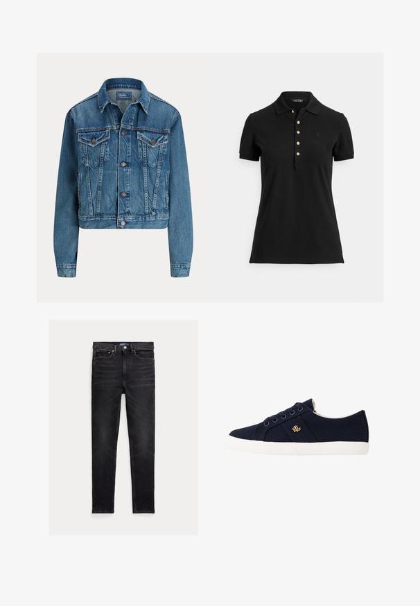 Blauwe spijkerjas met knoopsluiting aan de voorkant, twee borstflapzakken, zijzakken en een klassieke kraag, met label Polo by Ralph Lauren.; Zwart poloshirt van gestructureerde stof, met een kraag, korte mouwen en een knopenlijst met gouden knopen. Subtiel logodetail op de borst.; Zwarte slim-fit jeans met vijf zakken, knoopsluiting en Polo merklabel op de tailleband, plat op een witte achtergrond gelegd.; Lauren Ralph Lauren JANSON II CANVAS SNEAKER - Sneakers laag - navy