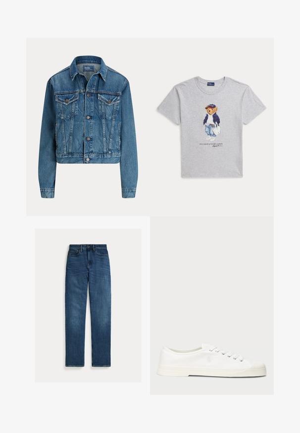 Modrá rifľová bunda s gombíkmi vpredu, dvoma náprsnými vreckami s chlopňou, bočnými vreckami a klasickým golierom, označená Polo by Ralph Lauren.; Svetlosivé tričko s medveďom oblečeným v džínsach, bunde, teniskách, šiltovke a držiacim bielu tašku, s nápisom Polo Bear by Ralph Lauren.; Modré džínsy z denimu s rovnými nohavicami, piatimi vreckami, zapínaním na gombíky a jemným vyblednutím na stehnách a kolenách, položené na bielom pozadí.; Biele plátěné tenisky s okrúhlou špičkou, viazaním na šnúrky a diskrétnym logom. Majú štruktúrovanú textíliu a gumovú podrážku.