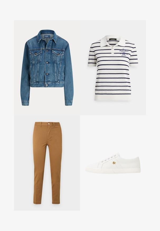 Blå denimjakke med knapper foran, to brystlommer med klap, sidelommer og klassisk krave, mærket Polo af Ralph Lauren.; Hvid polo med korte ærmer og navyblå vandrette striber samt broderet "Lauren Ralph Lauren"-logo på venstre bryst.; Khaki bukser med lige ben, forlommer, bæltestropper og knaplukning, vist fladt på hvid baggrund.; Lauren Ralph Lauren JANSON II CANVAS SNEAKER - Sneakers - optic white