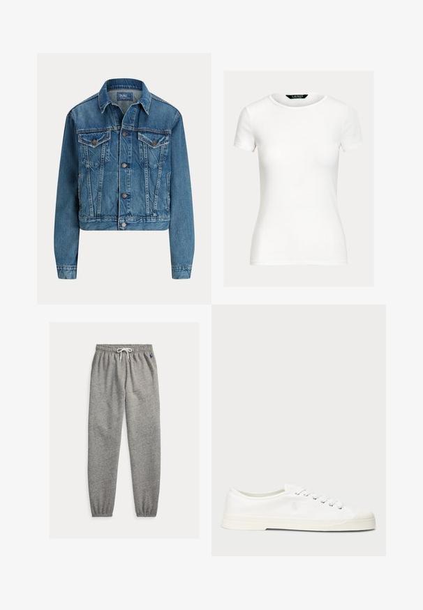 Blå denimjakke med knapper foran, to brystlommer med klap, sidelommer og klassisk krave, mærket Polo af Ralph Lauren.; Simpel hvid tætsiddende T-shirt med korte ærmer og rund halsudskæring samt Lauren Ralph Lauren-mærkat inde i kraven.; Grå joggingbukser lavet af blød bomuldsblanding med elastisk talje med bindebånd og tilspidsede manchetter samt en lille logodetalje.; Hvide lærredssneakers med rund tå, snørelukning og diskret logo-detalje. Har en tekstureret overflade og gummisål.
