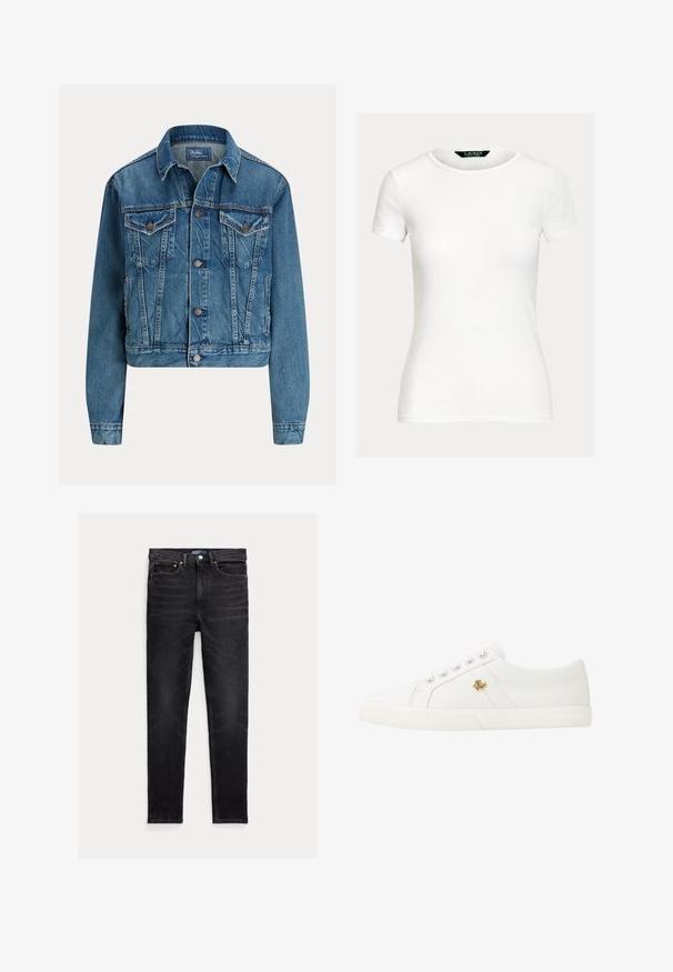 Blauwe spijkerjas met knoopsluiting aan de voorkant, twee borstflapzakken, zijzakken en een klassieke kraag, met label Polo by Ralph Lauren.; Effen witte aansluitende T-shirt met korte mouwen en ronde hals, met een Lauren Ralph Lauren-label aan de binnenkant van de kraag.; Zwarte slim-fit jeans met vijf zakken, knoopsluiting en Polo merklabel op de tailleband, plat op een witte achtergrond gelegd.; Lauren Ralph Lauren JANSON II CANVAS SNEAKER - Sneakers laag - optic white