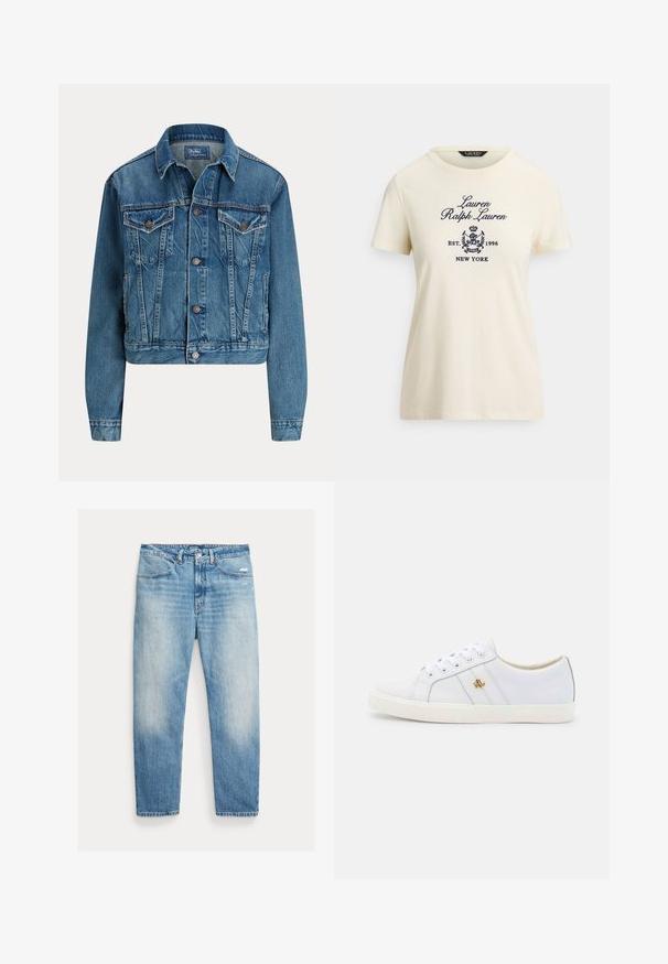 Blauwe spijkerjas met knoopsluiting aan de voorkant, twee borstflapzakken, zijzakken en een klassieke kraag, met label Polo by Ralph Lauren.; Crèmekleurig katoenen T-shirt met een ronde hals en korte mouwen, met marineblauwe geborduurde tekst en wapenschildontwerp op de voorkant.; Lichtblauwe verweerde rechtvallende spijkerbroek met voorzakken, knoop- en ritssluiting en lichte slijtage op de rechterdij.; Lauren Ralph Lauren JANSON II ACTION LEATHER SNEAKER - Sneakers laag - real white