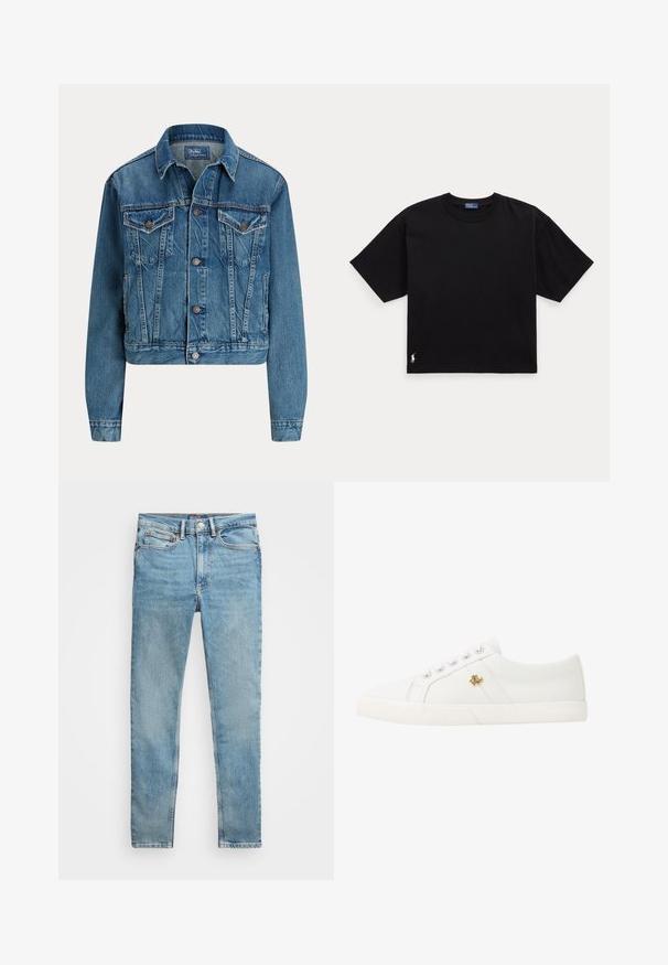 Blå denimjakke med knapper foran, to brystlommer med klap, sidelommer og klassisk krave, mærket Polo af Ralph Lauren.; Sort T-shirt med korte ærmer, rund hals og afslappet pasform med lille hvidt broderet logo nær nederste kant på ensfarvet baggrund.; Lyseblå, slanke denim-jeans med fem lommer og metal knaplukning, lagt fladt på en hvid baggrund.; Lauren Ralph Lauren JANSON II CANVAS SNEAKER - Sneakers - optic white