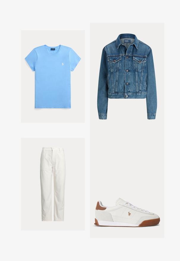 Blå denimjakke med knappelukking foran, to brystlommer med klaff, sidelommer og klassisk krage, merket Polo by Ralph Lauren.; Lyseblå T-skjorte med korte ermer og rund hals, med liten hvit brodert Polo Ralph Lauren-logo på venstre bryst.; Hvite bukser med rette ben, store lappesømmer foran, beltehemper og knappelukking i livet.; Hvit lavsko joggesko med brune semskede detaljer på hæl og tå, hvite lisser, og en liten brun brodert logo på siden.