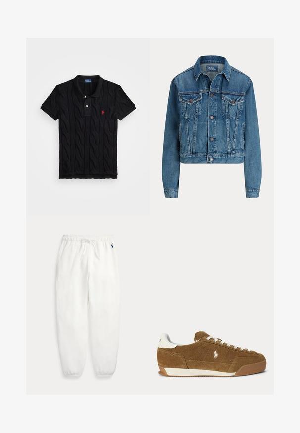 Modrá rifľová bunda s gombíkmi vpredu, dvoma náprsnými vreckami s chlopňou, bočnými vreckami a klasickým golierom, označená Polo by Ralph Lauren.; Čierna pletená polo košeľa s kabelkovým vzorom, krátkymi rukávmi a kontrastným čiernym golierom. Obsahuje tri gombíky a červený logo detail.; Biele fleecové tepláky s elastickým pásom a lemami, so šnúrkou a malým tmavomodrým vyšívaným logom na ľavom boku.; Hnedá semišová nízka teniska s bielymi šnúrkami, bielym akcentom na päte, gumovou podrážkou a vyšitým logom Polo na boku.