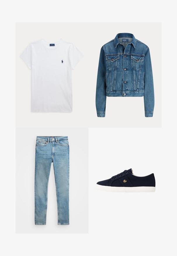 Veste en jean bleue avec fermeture à boutons sur le devant, deux poches poitrine à rabat, poches latérales et col classique, étiquetée Polo by Ralph Lauren.; T-shirt blanc à manches courtes et col rond avec un petit logo Polo Ralph Lauren bleu marine sur la poitrine gauche.; Jean slim bleu clair avec cinq poches et fermeture par bouton métallique, posé à plat sur fond blanc.; Lauren Ralph Lauren JANSON II CANVAS SNEAKER - Baskets basses - navy