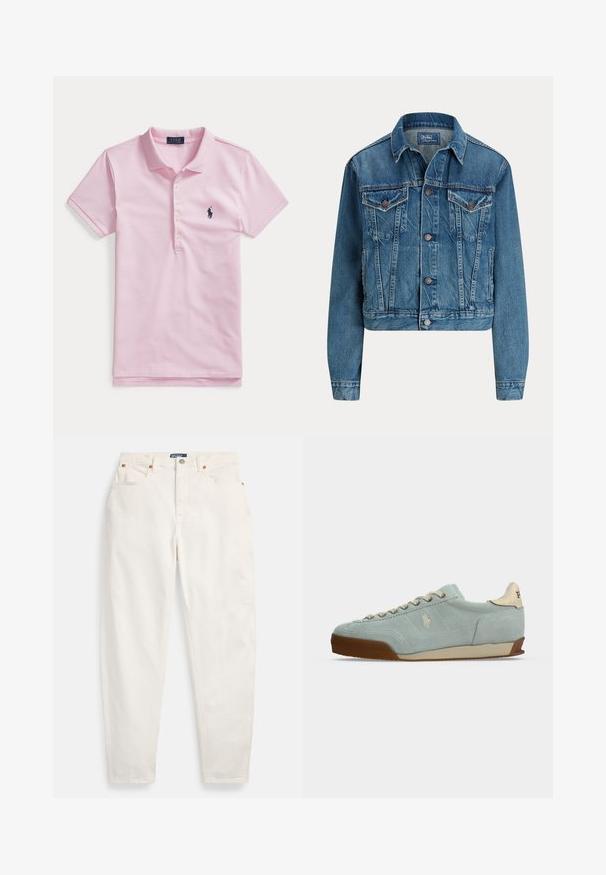 Blå denimjakke med knappelukking foran, to brystlommer med klaff, sidelommer og klassisk krage, merket Polo by Ralph Lauren.; Lys rosa kortermet polo med krage, fire knapper og en liten mørkeblå brodert logo på venstre bryst.; Hvite jeans med høyt liv og rette ben, med knapp og glidelås foran, fem lommers design og Polo merke på linningen.; Lyseblå semsket joggesko med beige og brun såle, beige lisser og en liten brodert logo på siden.