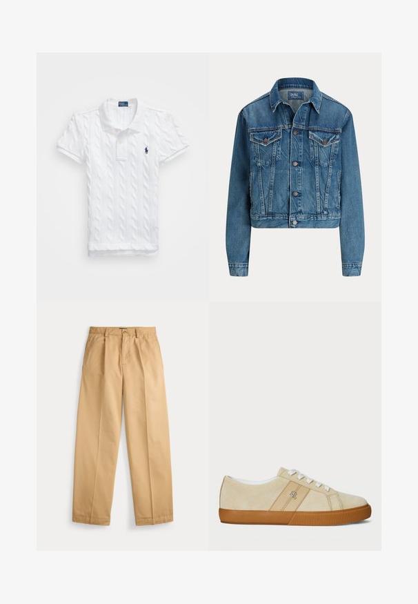 Sinine teksajope ees nuppudega, kaks rinnataskut klappidega, küljetaskud ja klassikaline krae, sildiga Polo by Ralph Lauren.; Valge polo särk, millel on tekstiilse toru kudumise disain, volditud kaelus ja lühikesed varrukad. Omab kahte nuppu ja väikest tumesinist logo vasakul rinna piirkonnas.; Beežid sirge säärega püksid, millel on nööp- ja luku kinnitused, ees taskud, vööaasad ja triigitud pressitud voldid sääreosa all.; Beez suede tossud valgete paelte ja kummist tallaga. Omavad logot küljel ja sile tekstuur. Klassikaline madal disain.