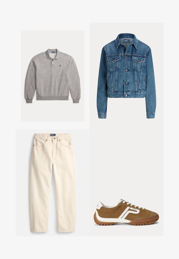 Blå denimjakke med knapper foran, to brystlommer med klap, sidelommer og klassisk krave, mærket Polo af Ralph Lauren.; Lysegrå langærmet poloshirt med ribmanchetter, to-knaps stolpe og lille marineblåt broderet logo på venstre bryst.; Jeans i cremefarve lavet af denim med lige ben, forlommer og detaljer med overlock-syning. Lukning med metalknap og lynlås.; Brun ruskindssneaker med hvide accenter, hvide snørebånd og "Polo" branding på siden og hælen, der viser den ydre profil.