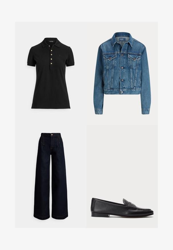 Blaue Jeansjacke mit Knopfverschluss vorne, zwei Brustklappentaschen, Seitentaschen und klassischem Kragen, mit dem Label Polo von Ralph Lauren.; Schwarzes Poloshirt aus strukturiertem Stoff mit Kragen, kurzen Ärmeln und einer Knopfleiste mit goldfarbenen Knöpfen. Dezentes Logodetail auf der Brust.; Dunkelblaue Jeans mit weitem Bein und hoher Taille, vorderen Falten, kontrastierender oranger Naht und Knopfverschluss an der Taille.; Schwarze Lederloafers mit strukturiertem Finish, ausgestattet mit einem dekorativen Riemen und flachem Absatz. Schlankes, minimales Design mit abgerundeter Spitze.