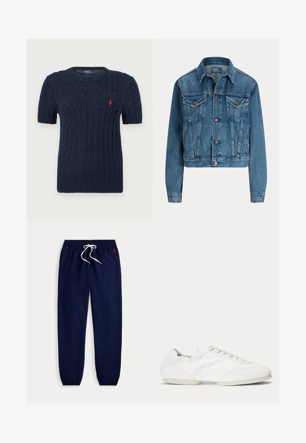 Veste en jean bleue avec fermeture à boutons sur le devant, deux poches poitrine à rabat, poches latérales et col classique, étiquetée Polo by Ralph Lauren.; Pull en marine à manches courtes avec motif en maille torsadée, col rond et petite poche poitrine. Présente un accent de logo rouge sur la poche.; Pantalon de jogging bleu marine avec taille et poignets élastiques, cordon blanc et petit logo rouge sur le haut à gauche.; Basket blanche profil bas avec lacets, panneau latéral en tissu lisse et semelle souple et flexible.