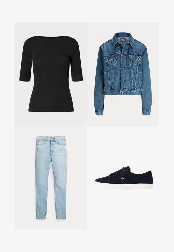 Blå denimjakke med knapper foran, to brystlommer med klap, sidelommer og klassisk krave, mærket Polo af Ralph Lauren.; Sort tætsiddende skjorte med albuelange ærmer og en bred, rund halsudskæring på en ensfarvet baggrund.; Lyseblå høj talje skinny jeans med fem lommer og en knaplukning på en ensfarvet hvid baggrund.; Lauren Ralph Lauren JANSON II CANVAS SNEAKER - Sneakers - navy