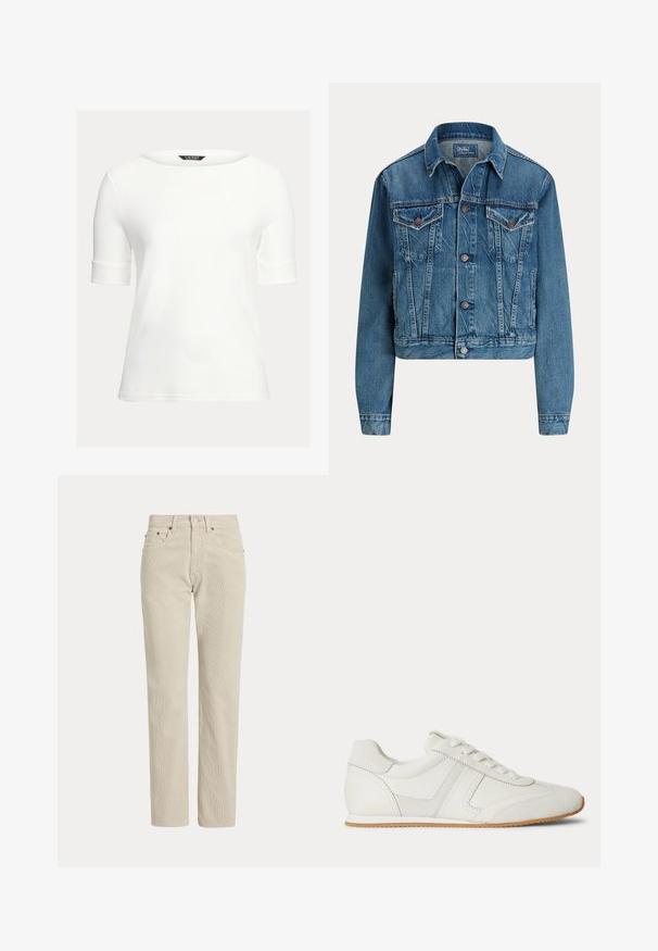 Blå denimjakke med knapper foran, to brystlommer med klap, sidelommer og klassisk krave, mærket Polo af Ralph Lauren.; Hvid tætsiddende top med bådudskæring, korte opsmøgede ærmer og et glat, blødt stof. Simpelt design uden mønstre eller udsmykninger.; Beige, lige-benede fløjlsbukser med bæltestropper, frontknap, lynlås og frontlommer.; Hvid lavtop sneaker med snørelukning foran, ruskind- og læderpaneler og en lysebrun gummisål på en hvid baggrund.