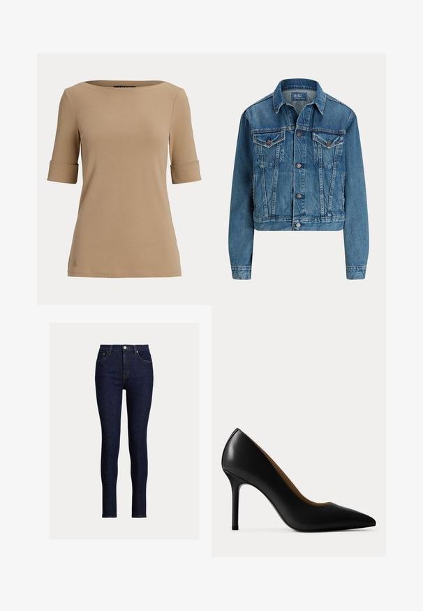 Blå denimjakke med knapper foran, to brystlommer med klap, sidelommer og klassisk krave, mærket Polo af Ralph Lauren.; Beige kortærmet top med opsmøgede ærmekanter og en bred, rund halsudskæring vist på en ensfarvet lys baggrund.; Mørke denim skinny jeans med høj talje, der har forlommer, knaplukning og diskrete stikninger.; Sort højhælet læderpumps med spids tå og slank stiletthæl med glat finish, vist fra siden på en ensfarvet baggrund.