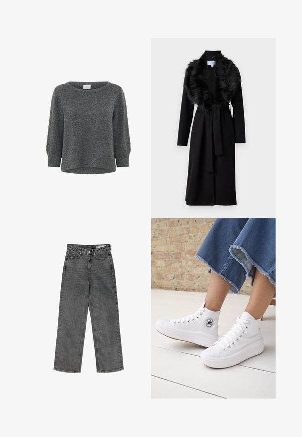 Pikk must mantel, millel on tehiskarvane krae, vöökoht ja pikad varrukad. Omab siledat tekstuuri ja lihtsat, elegantset disaini.; Kaffe KABETTY - Džemper - grey melange; Kõrge vöökoht, musta värvi kulunud sirge lõikega teksad, millel on esikottide, vöökudumise, nööbikinnituse ja bränditud sisemist vöökohta märgis.; Isik kannab valgeid kõrge säärega Converse tossusid paksude talladega ning lühendatud äärega siniseid teksapükse telliskiviseina ja valge põranda taustal.