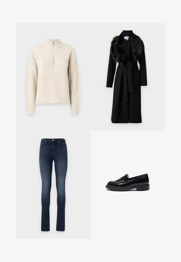 Long manteau noir avec un col en fausse fourrure, taille ceinturée et manches longues. Présente une texture lisse et un design simple et élégant.; Pull en maille côtelée beige clair avec un col haut, fermeture zippée quart et manches longues. Texture douce avec un motif subtil.; Jean en denim délavé foncé avec une coupe ajustée, taille haute, design à cinq poches et fermeture à bouton en métal. Texture lisse avec un léger dégradé.; Mocassins en cuir noir au design épuré, avec un bout arrondi, des franges décoratives et une semelle en caoutchouc texturée basse.