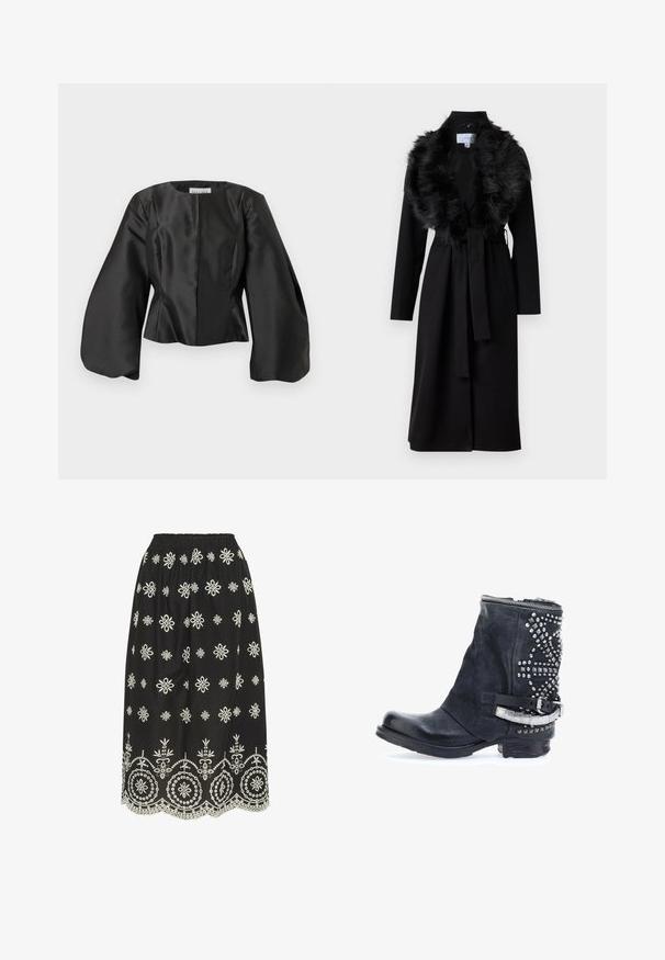 Long manteau noir avec un col en fausse fourrure, taille ceinturée et manches longues. Présente une texture lisse et un design simple et élégant.; Veste courte en satin noir avec un col rond, un corps structuré et des manches larges et volumineuses ; détails avec une couture centrale.; Jupe noire avec broderie florale blanche, dotée d'une taille élastique froncée et d'un ourlet festonné avec des motifs et des accents détaillés.; Bottine en cuir noir avec une finition texturée, des clous argentés sur le côté et une sangle à boucle métallique. Elle dispose d'une fermeture éclair sur le dessus.