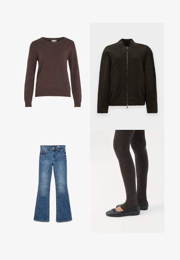 Donkergroen bomberjack, gemaakt van gestructureerde stof, heeft een ritssluiting, hoge kraag en zijzakken met een minimalistisch ontwerp.; VILA VIRIL O-NECK L/S KNIT TOP - NOOS - Trui - coffee bean; Uitlopende blauwe spijkerbroek met een mid-rise taille, voorzien van een schone afwerking, vervaagde textuur en traditioneel vijf-pocket ontwerp.; Benen met donkere geribbelde leggings gecombineerd met zwarte ballerina's met kleine strikdetails op een witte achtergrond.