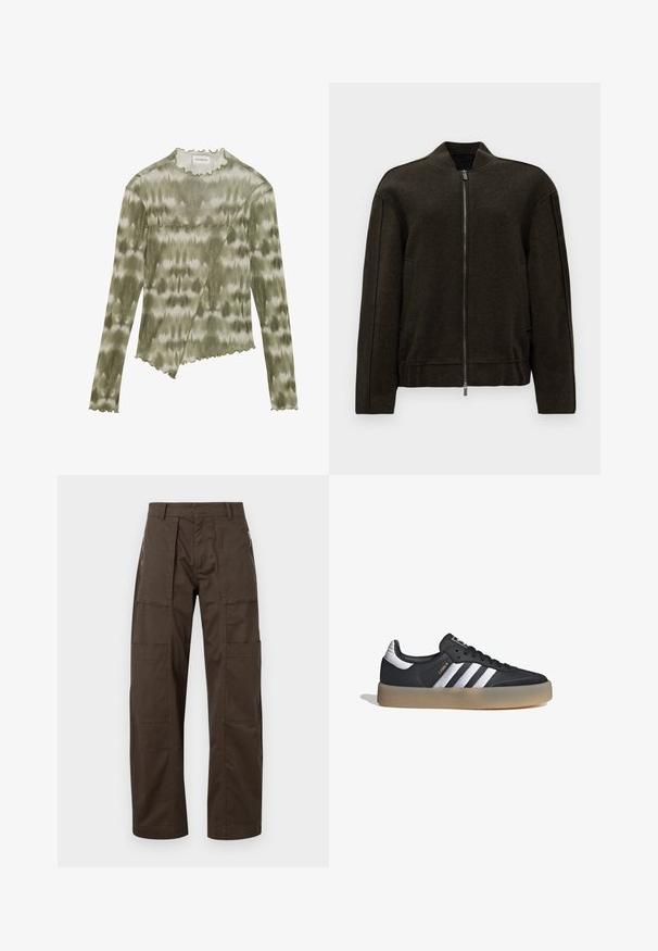 Chaqueta bomber de color verde oscuro, hecha de tejido texturizado, presenta un cierre con cremallera, cuello alto y bolsillos laterales con un diseño minimalista.; Top de manga larga, en verde de teñido anudado, con un escote y un dobladillo con forma de onda. Presenta una costura diagonal con acentos texturizados en una tela suave y ligera.; Pantalones cargo marrones hechos de una tela resistente, con múltiples bolsillos, un corte relajado y detalles de costura prominentes para mayor durabilidad.; Zapatilla deportiva de cuero negro con tres rayas plateadas, punta texturizada y suela de goma. Cuenta con un collar acolchado y un diseño con cordones.