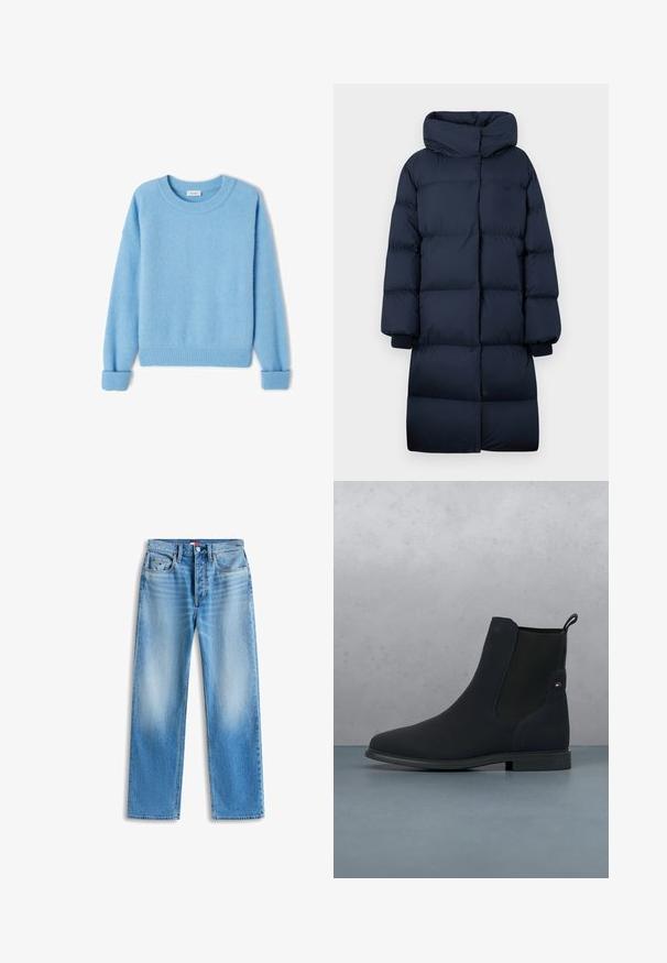 Langer, gepolsterter, navyblauer Wintermantel mit hohem Kragen und gerippten Bündchen, entworfen für Wärme und vollständige Abdeckung.; Hellblaue Jacke aus weichem, aufgerautem Stoff. Verfügt über gerippte Bündchen und Saum sowie einen runden Ausschnitt. Lässige Passform mit überschnittenen Schultern.; Hellblaue Jeans aus Denim mit geradem Bein, fünf Taschen und Knopfverschluss, flach auf weißem Hintergrund liegend.; Schwarzer Knöchelstiefel mit elastischer Seitenpartie, schwebend über Holzquadratischfliesen mit Kies in einem Außenbereich.