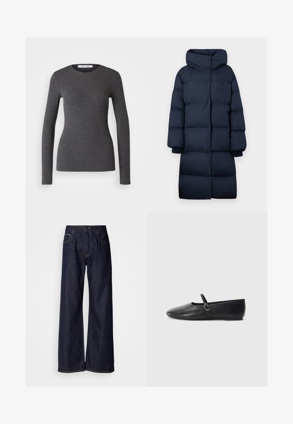 Abrigo de invierno acolchado de color azul marino, con cuello alto y puños acanalados, diseñado para ofrecer calor y una cobertura completa.; Top de manga larga y cuello redondo en gris oscuro, confeccionado en tejido acanalado con un diseño ajustado, que presenta una textura suave y un detalle mínimo.; Jeans de mezclilla oscura de pierna ancha con una cintura alta, con bolsillos frontales y detalles de costura sutiles. Textura suave con un corte clásico.; Bailarinas de cuero negro con punta afilada, suela plana y una pequeña correa con detalle de hebilla plateada.