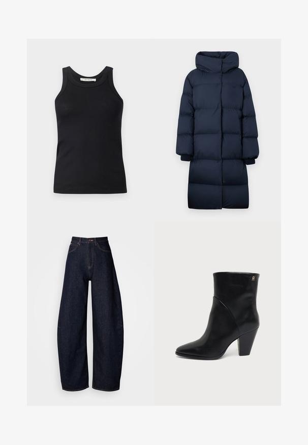 Langer, gepolsterter, navyblauer Wintermantel mit hohem Kragen und gerippten Bündchen, entworfen für Wärme und vollständige Abdeckung.; Schwarzes, geripptes Tanktop mit Rundhalsausschnitt und breiten Trägern, aus weichem Stoff gefertigt. Keine sichtbaren Muster oder Beschläge.; Dunkelblaue weitem Bein Jeans aus Denim, mit hoher Taille, geradem Schnitt, fünf Taschen und Kontrastnähten.; Schwarzer Lederknöchelstiefel mit spitz zulaufender Zehenpartie, Blockabsatz und kleinem goldenen Logo nahe der oberen Kante an der Außenseite.