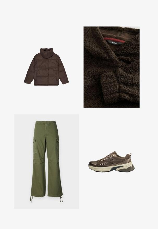 Mørkebrunt puffer-jakke med høj krave, to frontlommer og lille hvid "ELEMENT CO." logo på venstre bryst.; Brunt fleece-stof med en blød, struktureret overflade. Har en krave og en rød detalje på det indre label. Varm og hyggelig udseende.; Olivengrønne cargo-buksen i bomuld med bred ben-design, to sidelommer og justerbare snore ved kanten.; Brun mesh sportssko med beige tyk sål og sort slidbane, detaljerede sidestreger og snørebånd, vist fra ydersiden.