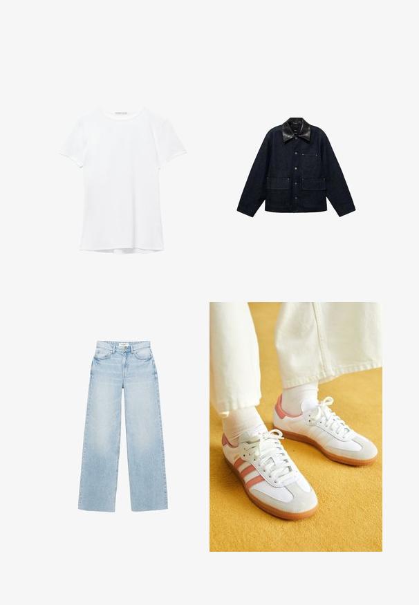 Veste en denim foncé avec un col en cuir noir, dotée de fermetures à pression à l'avant, de deux grandes poches avant et d'une poche poitrine.; T-shirt blanc à manches courtes en tissu lisse, avec un col rond et de subtils détails de couture à l'ourlet.; Jean large à lavage clair en denim. Caractérisé par une taille haute, cinq poches et une fermeture éclair avec bouton. Texture légèrement usée.; Baskets blanches avec des accents roses, en matériaux de daim et de cuir, à bout rond et semelle en caoutchouc, présentées avec des chaussettes claires sur un fond jaune.