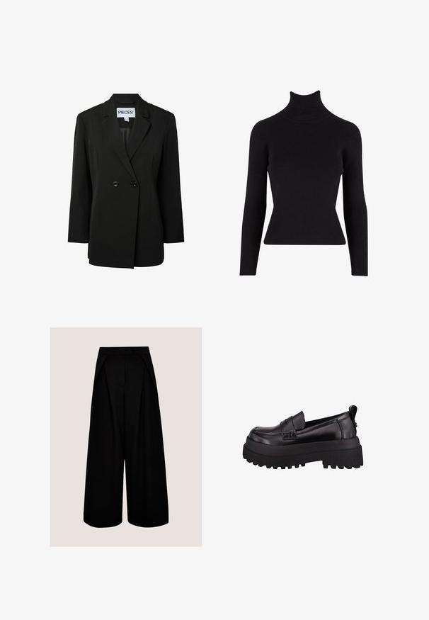Pieces PCNOLINE LOOSE FIT - Σακάκι - black; Μαύρο ριμπ πλεχτό μπουφάν με μακριά μανίκια, σε εφαρμοστή γραμμή, υφασμάτινη υφή και ψηλό γιακά.; Μαύρο παντελόνι με φαρδιά μπατζάκια και ψηλή μέση, με πιέτες και κρυφό εμπρόσθιο κλείσιμο, μπροστά σε απλό φωτεινό φόντο.; Μαύρες παπούτσια loafers από πατενέ δέρμα με παχύ, υφητό καουτσούκ σόλα, με ραμμένο λεπτομέρεια μπροστά και μικρό δαχτυλίδι στο τακούνι.