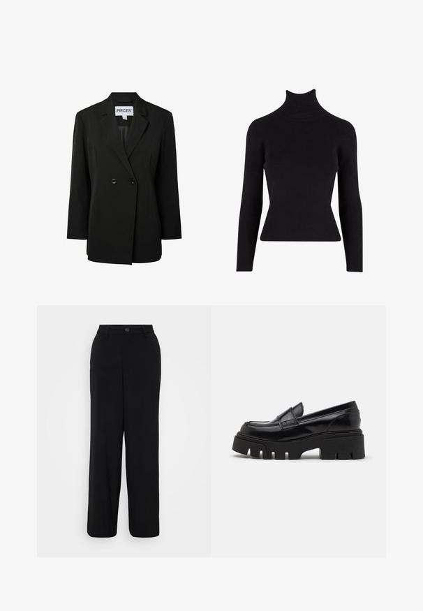 Pieces PCNOLINE LOOSE FIT - Blazer - black; Sort ribbet turtleneck sweater med lange ærmer, tætsiddende silhuet, tekstureret stof og høj hals.; Sorte breddebenbukser lavet af et glat stof. Har en taljebånd med en knaplukning og detaljer med frontfolder.; Sorte læder loafers med en chunky, tekstureret platformssål og en dekorativ rem over toppen. Glat, blank finish.