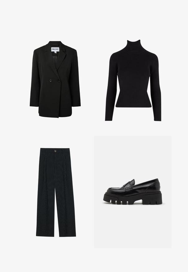 Pieces PCNOLINE LOOSE FIT - Blazer - black; Pull à col roulé noir à côtes avec des manches longues, silhouette ajustée, tissu texturé et col haut.; Pantalons large à rayures noires en tissu texturé, dotés d'une fermeture à bouton sur le devant et d'un design plissé pour un intérêt supplémentaire.; Mocassins en cuir noir avec une semelle plateforme épaisse et texturée, et une sangle décorative sur le dessus. Fini lisse et brillant.