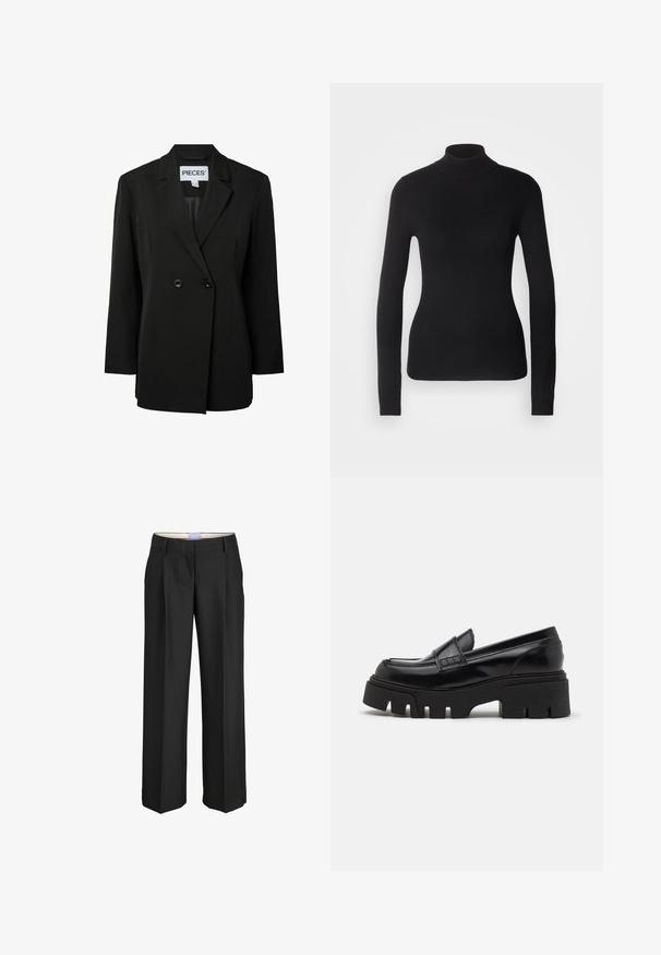 Pieces PCNOLINE LOOSE FIT - Blejzer - black; Čierny rolák vyrobený z ľahkej pleteniny. Má dlhé rukávy, priliehavý strih a jemnú rebrovanú štruktúru.; Čierne prispôsobené nohavice s rovným strihom, pútkami na opasok a prednými záhybmi, zobrazené na jednoduchom bielom pozadí.; Čierne kožené loafers so robustnou štruktúrovanou platformovou podrážkou a ozdobným remienkom cez hornú časť. Hladký, lesklý povrch.