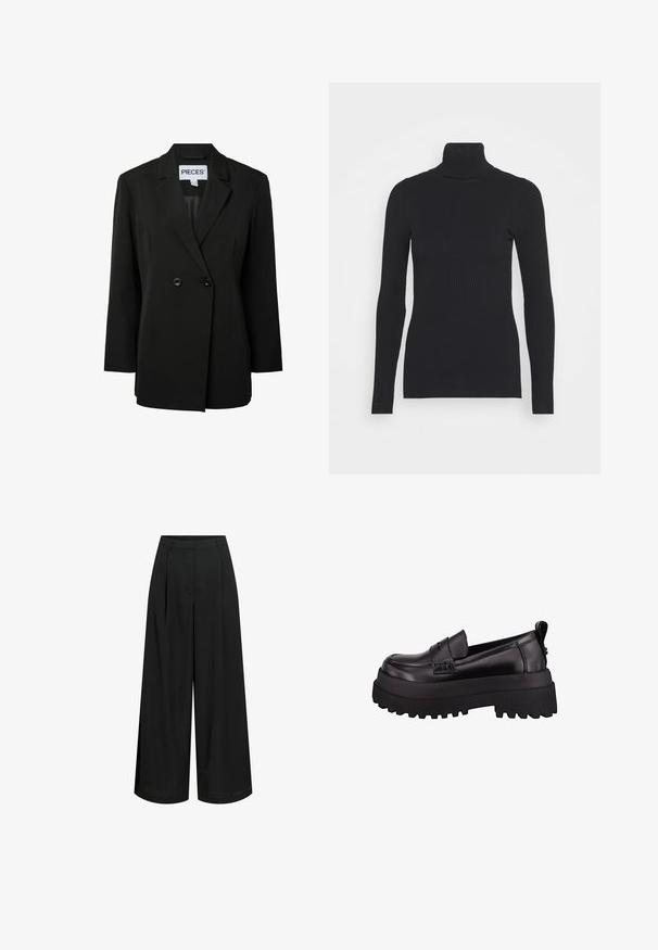 Pieces PCNOLINE LOOSE FIT - Blazer - black; Pull noir à col roulé côtelé, doté de longues manches et d'une silhouette près du corps. La texture est lisse avec un motif de côtes horizontal.; Pantalon noir à jambes larges avec une taille haute, des passants de ceinture et des plis devant, présenté sur fond blanc.; Mocassins en cuir verni noir avec une semelle en caoutchouc épaisse et texturée, présentant un détail cousu à l'avant et une petite languette à l'arrière.