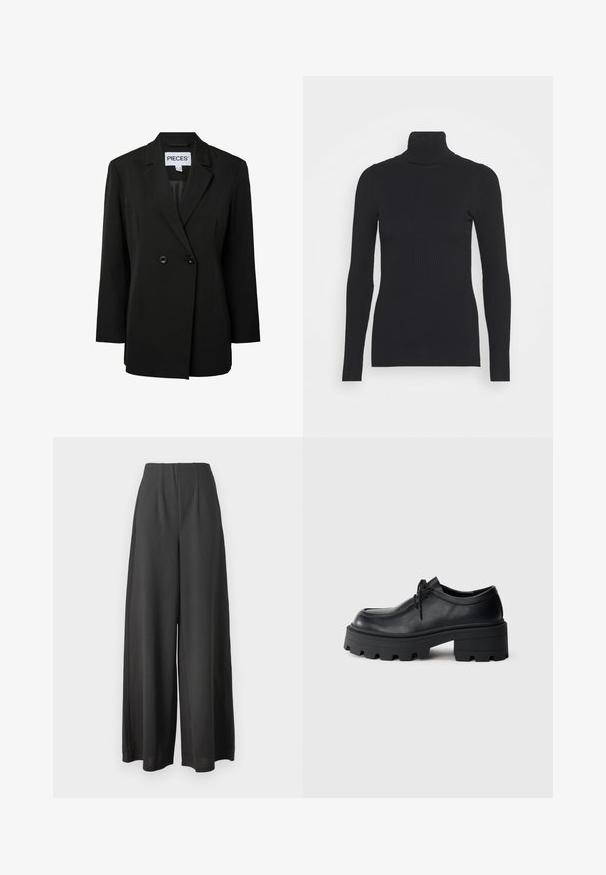 Pieces PCNOLINE LOOSE FIT - Blejzer - black; Čierny rebrovaný rolák, ktorý má dlhé rukávy a priliehavý strih. Textúra je hladká s horizontálnym rebrovaním.; Čierne nohavice širokého strihu vyrobené z hladkej textílie, s vysokým pásom a skladaným dizajnom pre zvýšenú textúru a rozmer.; Čierne kožené šnurovacie topánky s hrubou, štruktúrovanou čiernou gumovou podrážkou a zaoblenou špičkou. Obsahujú jemné švy.