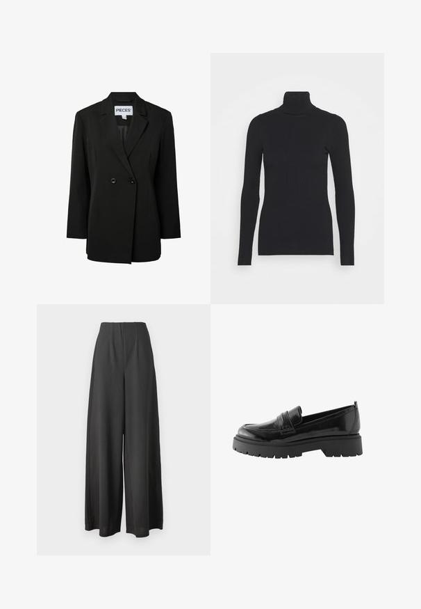 Pieces PCNOLINE LOOSE FIT - Blazer - black; Sort ribbet rullekravesweater med lange ærmer og en tætsiddende silhuet. Teksturen er glat med et vandret ribmønster.; Sorte vide bukser lavet af et glat stof, med høj talje og plisseret design for ekstra struktur og dybde.; Sorte lakerede loafers har en lav platformssål med en robust træd og en quiltet detalje over midtfoden.