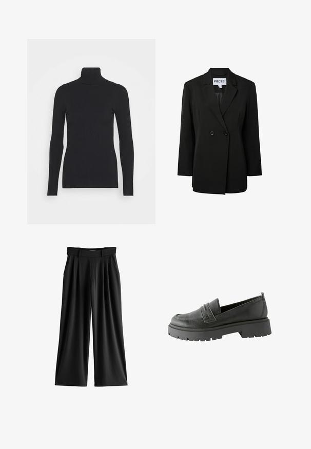 Pieces PCNOLINE LOOSE FIT - Blazer - black; Pull noir à col roulé côtelé, doté de longues manches et d'une silhouette près du corps. La texture est lisse avec un motif de côtes horizontal.; Pantalon noir à jambes larges avec plis, poches latérales et ceinture avec passants.; Mocassins en cuir noir avec une finition texturée, des détails de couture marqués, et une épaisse semelle en caoutchouc noir présentant un motif cranté.