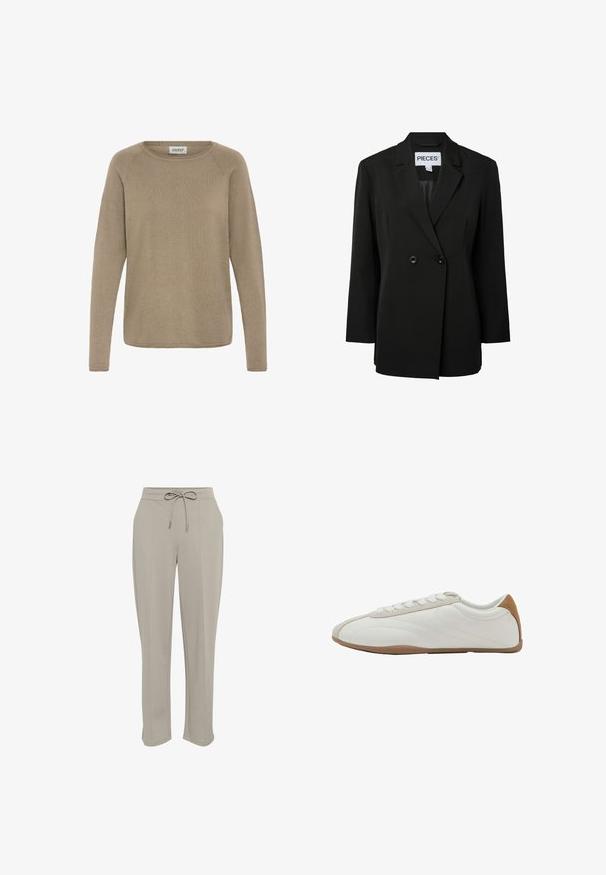 Pieces PCNOLINE LOOSE FIT - Blazer - black; Lysebrunt langærmet sweater lavet af blødt stof, med en rund halsudskæring og ribbet tekstur. Enkel, udekoreret design.; Lys grå joggerbukser lavet af blødt stof. Har en elastisk talje med snor, to sidelommer og tapered ben.; Hvid lavprofil-sneaker med beige ruskinddetaljer, snøredesign og brun gummisål, vist fra ydersiden på en hvid baggrund.