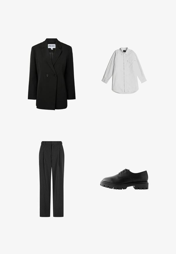 Pieces PCNOLINE LOOSE FIT - Blazer - black; Weißes Langarmhemd aus leichtem Baumwollstoff. Mit einem Button-down-Kragen, einer Brusttasche und dezenten Stichdetails.; Schwarze Nadelstreifenhose mit hoher Taille, gefaltetem Vorderteil und geradem Bein. Der Stoff wirkt strukturiert und ist maßgeschneidert für einen formellen Look.; Schwarzer Lederschuh mit abgerundetem Zehenbereich, sechs Ösen, flachen Schnürsenkeln und einer stabilen Gummisohle mit tiefen Profilmustern.