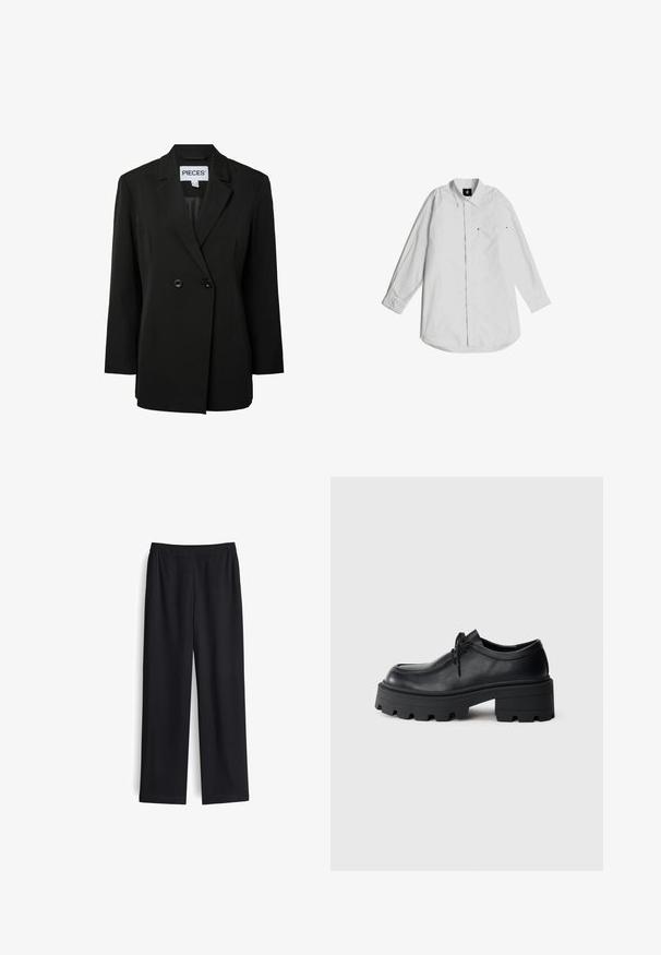 Pieces PCNOLINE LOOSE FIT - Blazer - black; Weißes Langarmhemd aus leichtem Baumwollstoff. Mit einem Button-down-Kragen, einer Brusttasche und dezenten Stichdetails.; Schwarze weite Hose aus glattem Stoff mit elastischem Bund und ohne sichtbare Taschen. Gerade Form mit sauberem Finish.; Schwarze Leder Schnürschuhe mit einer dicken, strukturierten schwarzen Gummisohle und einer runden Spitze. Verfügt über dezente Stickdetails.