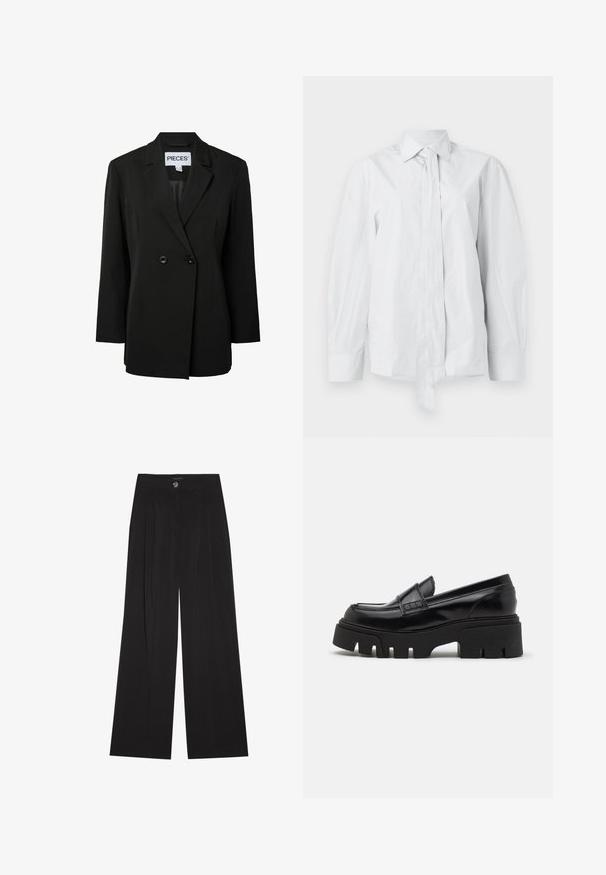 Pieces PCNOLINE LOOSE FIT - Blazer - black; Camisa blanca de manga larga con un cuello clásico y un lazo alargado en la parte delantera. Hecha de una tela suave, presenta un corte relajado y sin estampados.; Pantalones negros de pierna ancha confeccionados en tela suave, con cintura alta, pliegues frontales y cierre con un solo botón. Textura suave y diseño elegante a medida.; Mocasines de cuero negro con una suela de plataforma gruesa y texturizada, y una correa decorativa en la parte superior. Acabado liso y brillante.